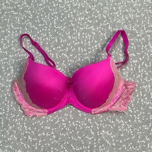 VICTORIA Secret Size 34C Lined Demi Hot Pink Bra With White Lace